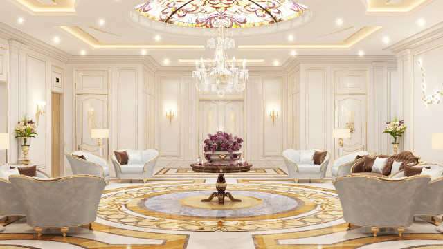 This is an interior design of a luxurious living room with a modern, contemporary style. The room is decorated in neutrals shades such as beige and cream, with accents of gold for a sophisticated touch. There is a large couch, multiple armchairs, and a beautiful coffee table with a white marble top. On the walls are various artworks in ornate frames, and a grand chandelier hangs from the ceiling.