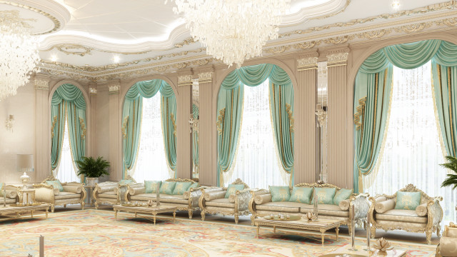 This picture shows a luxurious bedroom. The room has an elegant, rich look with a four-poster bed in the center, a large chaise lounge to the side, a long white dresser with a curvy mirror and luxurious cushioned armchair in the corner. The walls are a deep brown color with beige wallpaper, and there is a stunning chandelier with golden details hanging from the ceiling. The floor is covered with a white and cream rug, and some lush green plants complete the scene.
