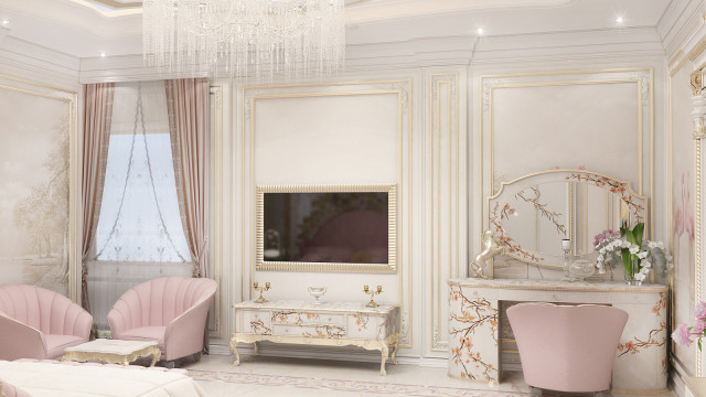 Upper-level living room featuring marble flooring with intricate pattern, large double doors at opposite sides of the room, ceiling lights, classical fireplace, and two identical velvet armchairs.