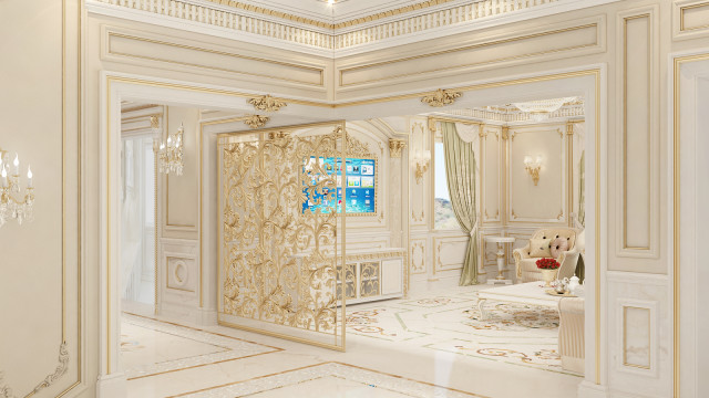 This picture is of a luxurious living room with an ornate white marble floor, a large blue velvet sofa, two white armchairs, and a large crystal chandelier suspended from the ceiling. The walls are a classic navy blue with large windows that allow sunlight to stream in. On the side of the room are dark wood shelves filled with books and decorations. The overall look is one of grandeur and opulence.