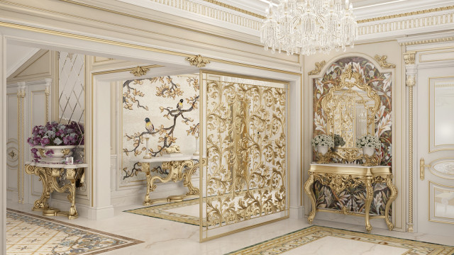 This picture shows a luxury bathroom designed by Antonovich Design. It features a luxurious spa-style bathtub, with gold-colored fixtures, surrounded by floor-length marble walls and tiled floors. The room is lit by recessed LED lighting and finished with a large wall mirror and high-end décor.