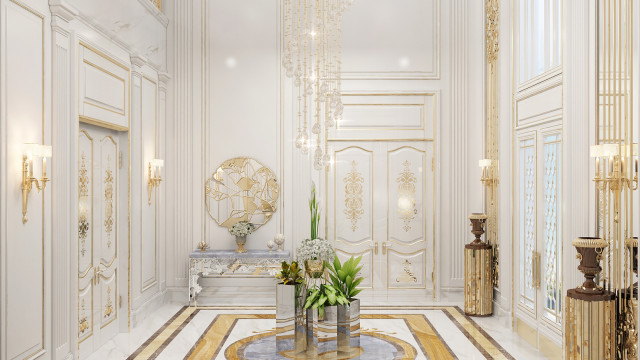 This picture shows an ornate marble staircase located in a multi-level modern home. The staircase features elegant curved balustrades made from white marble, as well as intricate black and gold accents along the walls. Black and brass railings border the stairs and lead to the next level. At the top of the staircase is a large round chandelier that provides a touch of luxury and grandeur.