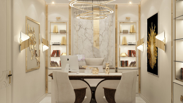 Modern interior room with open architecture featuring a white and gray wall paneling, minimalistic furnishings, and accents of golden yellow.