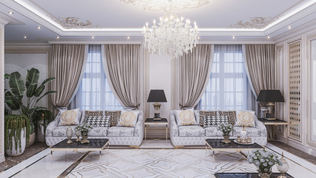 This picture shows a lavish, contemporary bedroom designed by Antonovich Design. It features a beige and gold themed color palette with golden accents and a velvet bedding set. The room is completed by a marble flooring, modern artwork on the wall, and a large chandelier in the center.