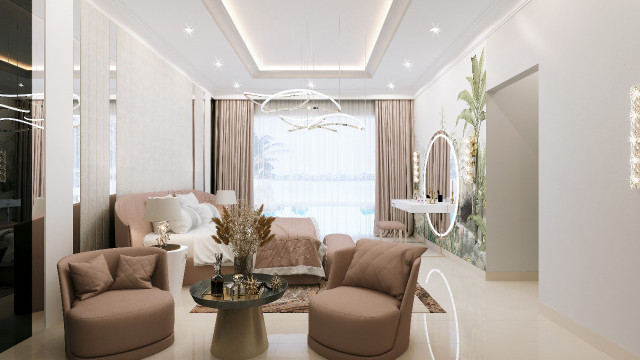 This picture shows an interior design by Antonovich Design, featuring a luxurious and modern living room. The room is furnished with a grey sofa, ottoman, and armchair, as well as a contemporary coffee table and colorful area rug. An abstract artwork hangs on the wall, while multiple bookshelves line the walls and floor. The room is brightly lit with natural light from the large glass windows and doors.