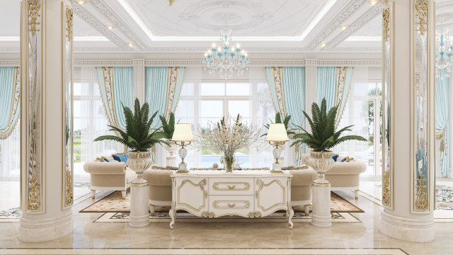 This picture shows a luxurious modern living room with a formal seating area. The room features a beautiful marble floor, light grey walls, and a large glass window that overlooks a garden. A comfortable white sofa faces a stylish glass coffee table, while two armchairs are placed in the corner of the room. A crystal chandelier hangs from the ceiling, adding a touch of elegance to the space.