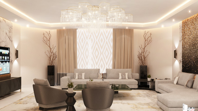 Modern living room featuring a luxurious sofa and armchairs upholstered in cream fabric, surrounded by grey tile flooring and walls painted in a coordinating warm grey tone.