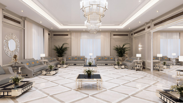This picture shows a luxurious interior design with a grand entryway featuring an intricate mosaic pattern on the wall and a marble floor. In the center of the entryway is a large, custom-made chandelier made of glass and metalwork with a modern design. There is also a marble staircase with ornate metal railing leading up to the second floor of the home. Additionally, there are two couches with matching end tables that face each other, along with several lamps and decorations filling the space.