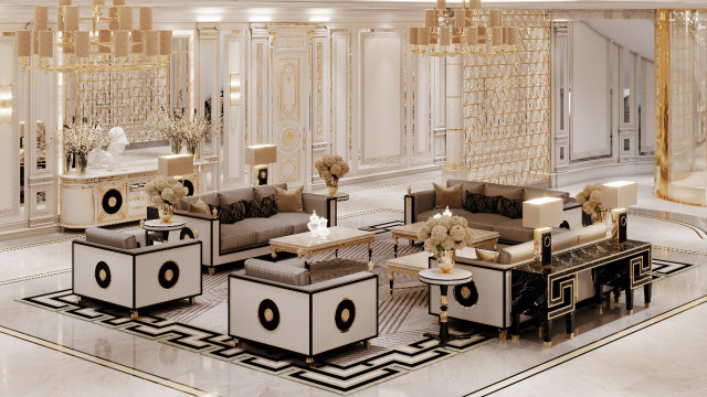 This picture shows a luxurious, modern living room with marble flooring and walls. The furniture consists of a grey sofa, an ornately designed white armchair, and a glass coffee table set in the middle. The walls are decorated with large paintings, and the ceiling is an ornate, curved design. The overall style is elegant and opulent.