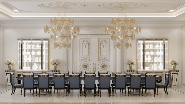 This picture shows a grand luxury living room with floor-to-ceiling windows, a grand piano, and furniture pieces in gold, black, and white. The wall has an ornate custom wallpaper pattern with a modern floral design, while the floor has a marbled checkered finish. A large crystal chandelier hangs from the ceiling above the seating area, complemented by two crystal sconces on the walls. The light from the windows fills the room, making it a bright, inviting space.