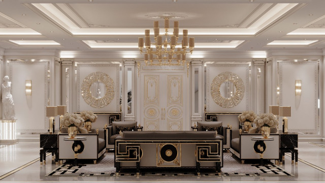 This picture shows an elegant living room in a large luxury penthouse. The room features a cozy seating area with an off white loveseat, two armchairs and a coffee table. An ornate chandelier hangs from the high vaulted ceiling and the walls are covered in a beautiful light blue wallpaper. On one side of the room, a grand piano stands opposite to a classical painting on the opposite wall. Two archways provide additional access in and out of this luxurious space.