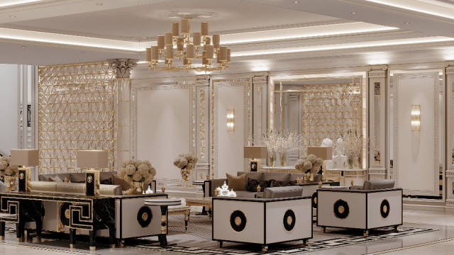 An astonishing interior of a luxury living room featuring a beautiful white marble fireplace mantel surrounded by symmetrical golden accents.