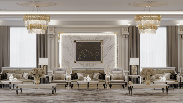A modern, luxurious hotel lobby with a surrounding glass facade, marble floors, a curved reception desk, and upholstered seating.