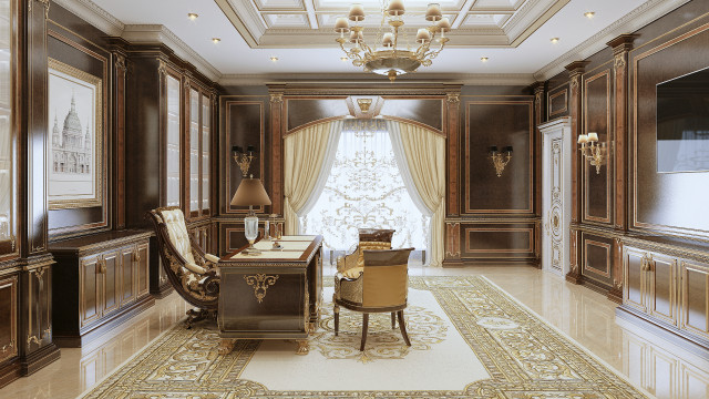 This picture shows a modern white marble bathroom with a free-standing bathtub in the middle of the room. The walls are textured and have multiple built-in storage units, and the floor is covered with a light-colored patterned tiling. In the corner there is a shower enclosure and near the bathtub is a luxurious chaise lounge. There are also two pedestal sinks with gold finished faucets and a vanity area with a wall-mounted mirror.