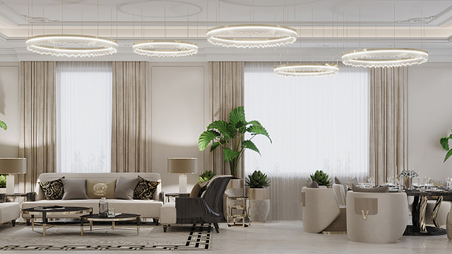 Luxury interior with white and gold color palette, featuring a round center chandelier, crystal decorations, and modern furniture.