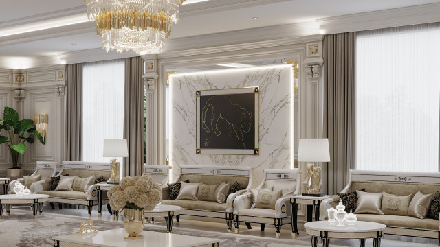 Luxurious interior design with gold details on a bright marble floor, due to its unique charm, it looks expensive and mysterious.