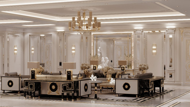 This picture shows an elegantly designed modern dining room with a white marble centerpiece table, wooden chairs and floor, and a crystal chandelier hanging from the ceiling. The walls are adorned with two large mirrors and a bright piece of artwork, while the room is also illuminated by two separate wall sconces.