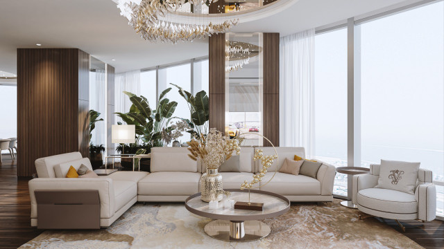 This picture is of an aesthetically pleasing and contemporary interior design with a focus on modern luxuries. It features a large, open living area filled with sleek and stylish furniture, a beautiful dark wood floor, and an abundance of natural light pouring in from the windows. The walls are painted a crisp white, providing a nice contrast to the otherwise neutral color palette. Other highlights include a ceiling-high stone fireplace, a unique ceiling design, and a variety of unique fixtures and decorations.