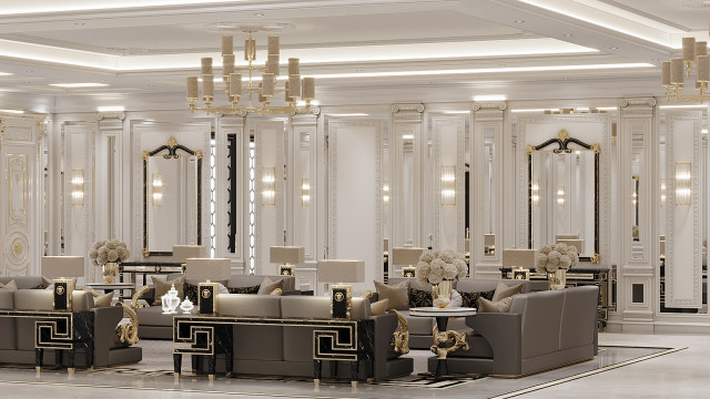 Modern luxury living room featuring off-white upholstered sofas, white marble flooring and grand chandelier.
