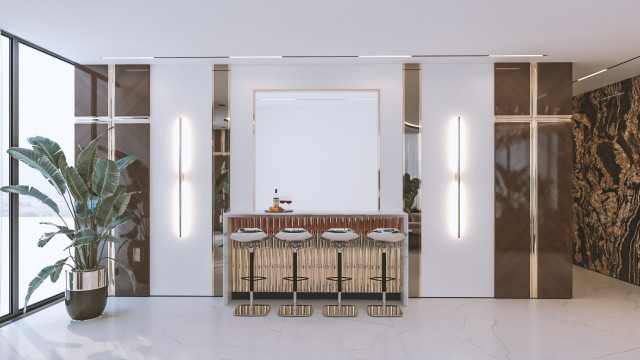 This picture is of a modern, luxury living room. The walls are a warm shade of beige, and the floor is a light wood laminate. In the center of the room is an off-white, tufted sofa, surrounded by pillows in various colors, patterns, and textures. There is a low, cream colored coffee table in front of the sofa, and the walls are adorned with several elegant pieces of art. The room is also accessorized with a large, modern chandelier, a glossy white sideboard and several plants for a natural touch.