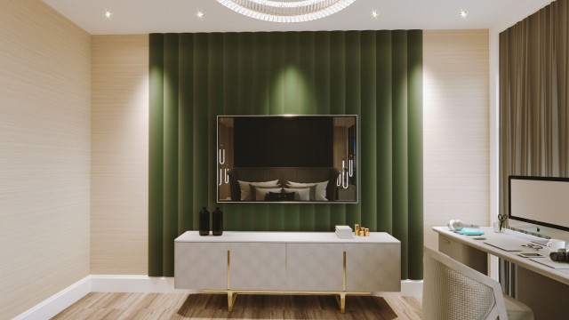 This picture is of a luxurious hallway in a home. The walls are lined with beautiful white and gold wall panels, while the floor is lined with a white marble tile with a hint of gold. There is an intricately designed chandelier hanging from the ceiling, and the hallway also features decorative furniture pieces such as a chest of drawers and a chaise lounge.