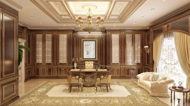 A room with a white and gold themed interior, featuring a luxurious sofa and decorative wall coverings.