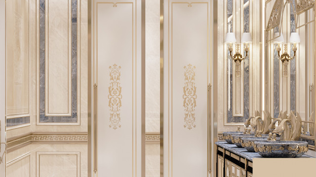 This image showcases a modern and extravagant hallway with luxurious marble floors, handcrafted furnishings, and grand crystal chandelier.