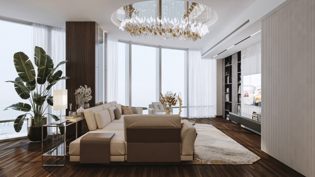 A modern, luxurious dining room featuring ornate wall paneling, a grand chandelier, and a table with chairs.