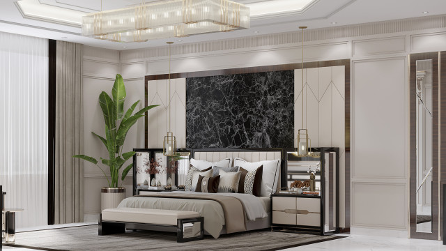 This picture shows an interior design concept by Antonovich Design. It includes a luxurious living room with a large white sofa and tufted upholstery. There is a stylish chandelier overhead, white curtains with gold trim, and an elegant black and white abstract painting on the wall. The room also has glossy marble flooring and a warm, inviting fireplace.