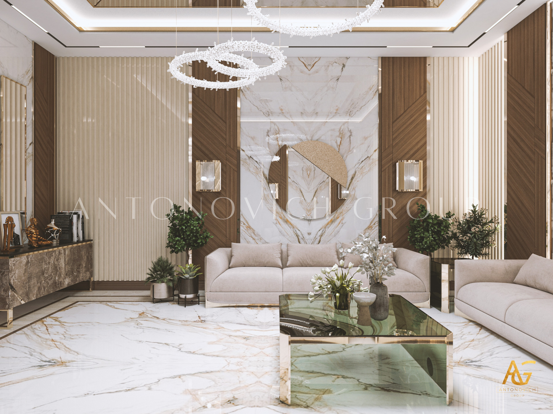 Modern luxury bedroom featuring intricately carved wooden furniture, velvet upholstered headboard, gold and crystal accents, chandelier, and grey drapes.