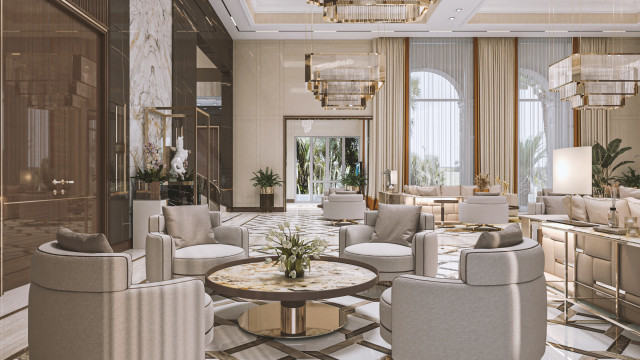 This is a picture of an elegant modern living room featuring beige walls, white marble floors lined with a large area rug, and contemporary-style furniture. The sofa and armchairs have plush fabric upholstery, while the coffee table has a glass top. The walls are adorned with abstract art pieces, and several plants bring a touch of life to the space.