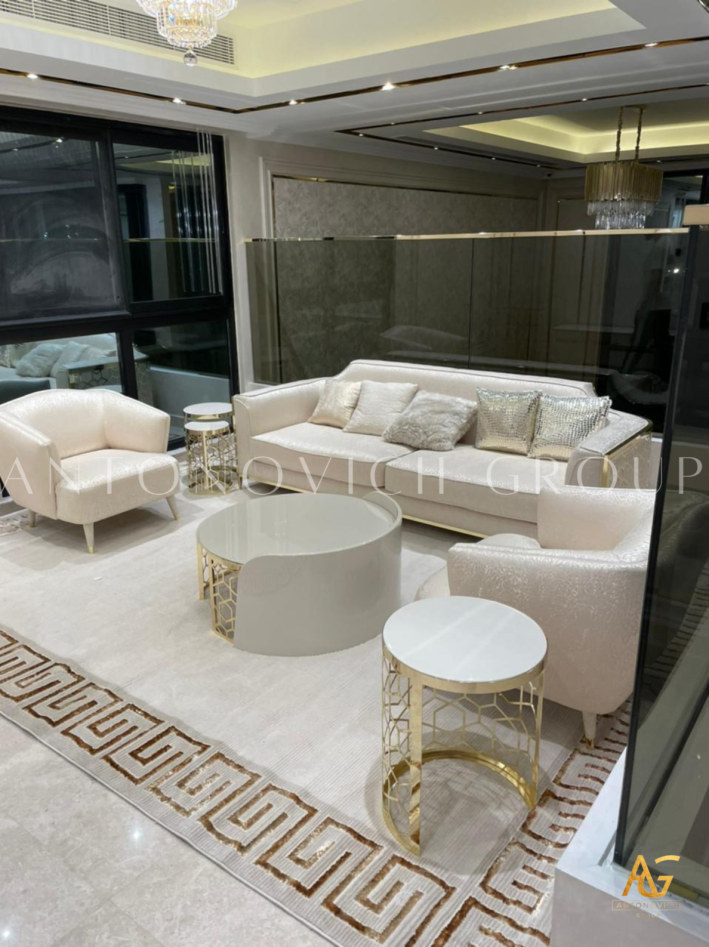 A luxurious modern living room rich with art and intricate details, featuring an eye-catching yellow sofa and an expansive marble floor.