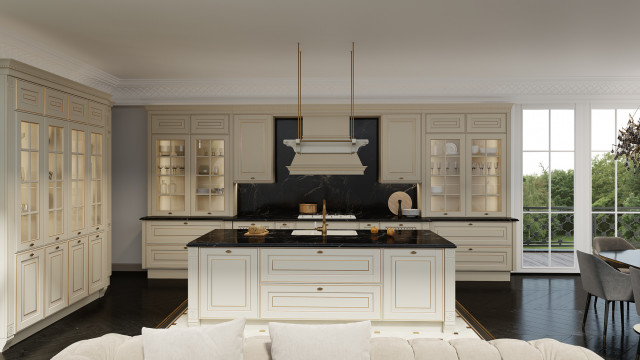 This picture shows an interior design concept created by Antonovich Design. The design features a modern, contemporary style with several luxurious elements, including a white marble floor, black and silver furniture, and a crystal chandelier. An elegant fireplace and black bar are also included in the design. The space has a light, airy feel with large windows allowing natural light to flood in.