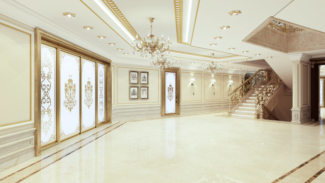 This picture shows a modern, luxurious interior design featuring a grand piano andblack leather sofa set in the center of the room. The walls are painted in a light beige color, with a black marble pattern around the perimeter of the room. There is a plush rug on the floor and an elegant crystal chandelier hanging from the ceiling. Other luxurious touches include a white marble fireplace and two silver side tables that flank the sofa.