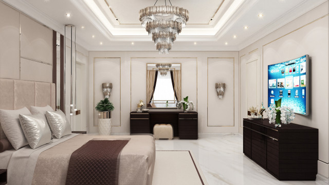 This picture shows an elegant living room with modern furniture and decor. The furniture consists of a white leather sofa, a glass-top coffee table, two end tables, and two accent chairs. There is a light gray rug in the center of the room and two loveseats on either side of the room. A mirrored wall decoration is placed above the sofa, while the walls are decorated with various art pieces. The room also contains several potted plants, which provide the space with natural beauty and life.