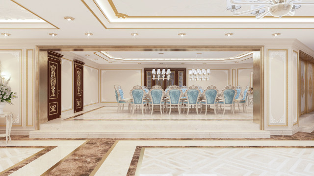 This picture shows a luxurious white and golden living room. It features modern furniture, including a white sofa and chairs complemented by a mirrored coffee table, two armchairs with a side table, and a plush champagne-colored rug. The walls are painted white and decorated with gold accents, such as framed artwork, sconces, and wall mirrors. The look is completed with a beautiful chandelier and coordinating light fixtures.