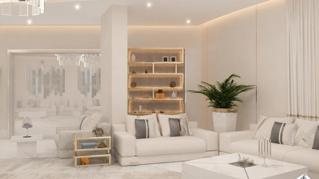 Modern open-plan living room with a curvilinear sectional sofa, armchairs, glass-top coffee table, beige area rug, and abstract artwork.