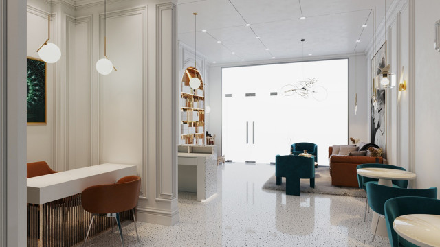 This picture shows a beautiful, modern interior of an elegantly decorated living room. It has high ceilings with intricate designs, a contemporary chandelier, large windows, and a white velvet sofa with various patterns on the cushions. The walls are painted in a creamy white color, with a marble flooring giving it a sophisticated look. The furniture is a mix of wood, leather, and velvet, with matching armchairs, coffee tables, and side tables. A large rug is placed in the center of the room, adding a touch of warmth and inviting feel to the space.