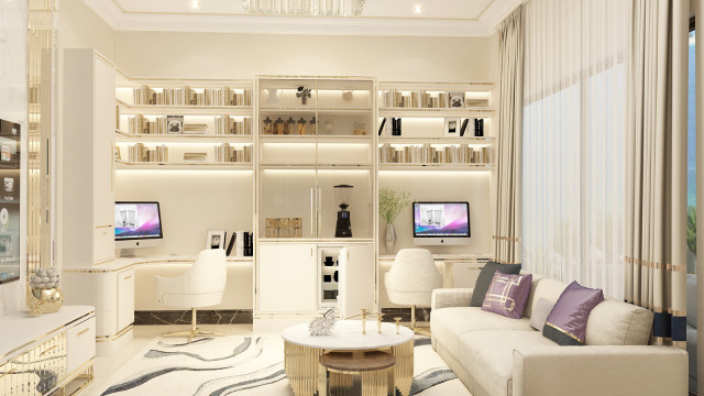 This picture shows a luxurious and modern living room interior design. The room has floor-to-ceiling windows that allow for plenty of natural light and a stunning view. There is a large, tufted cream-colored sofa with white and grey throw pillows, facing a glass coffee table. To the side is a grey and white area rug with a patterned, plush armchair. The walls are decorated with white and mirror panels and two abstract paintings with gold frames. There are several potted plants throughout the room, adding a pop of color.