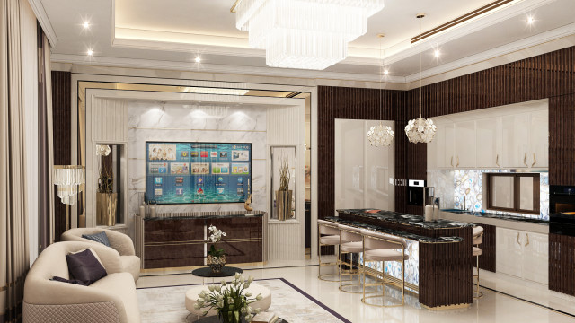 This picture shows a modern living room that features an L-shaped white leather sofa with a dark velvet throw draped over it, a grey and white geometric rug, two matching accent chairs, and two black and white art prints on the walls. The room has a sleek aesthetic with soft, muted tones and pops of gold throughout.