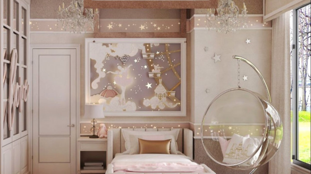 An indoor living space decorated with light-colored furniture, a chandelier, and a decorative wall mirror.