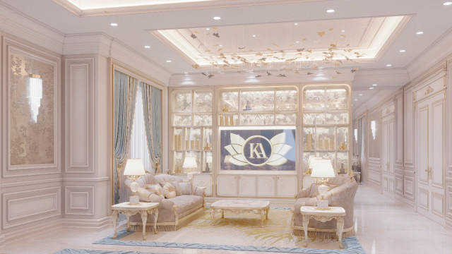 The picture shows a modern, minimalist living room with sparkling white decor and gold accents. The walls are painted a light grey, and the furniture pieces are upholstered in a crisp white fabric. The room features two large windows that flood the space with natural light and make the gold accents shine. A cozy beige sectional sofa sits in the center of the room, while two white armchairs provide additional seating. A contemporary area rug grounds the room and adds a hint of warmth.