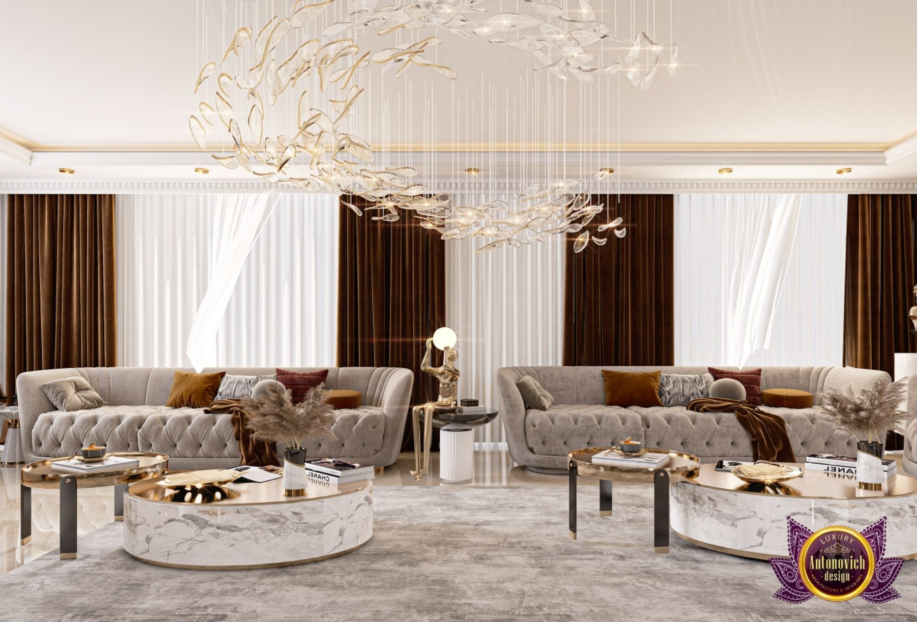 This picture shows a luxurious and modern living room with a cream-colored sectional sofa occupying the center of the room. The room features a large pendant light hung from the ceiling, a contemporary wall art on one side, beige and white wall panels, a wooden coffee table, and a large wall art on the opposite side. There are two window sills and glass windows with white draperies, adding a sophisticated look to the setting.