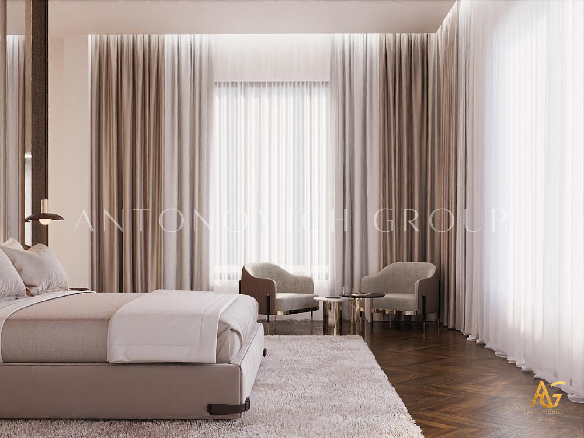 This picture shows a luxurious living room. It features an elegant white sofa and two large armchairs upholstered in navy blue velvet. The room is decorated with multiple golden accents, including a grand white fireplace, two decorative cabinets with gold detailing and a light-colored rug that includes hints of gold. A round black marble coffee table features several gold and glass pieces, creating a beautiful center piece to the living room. Behind the sofa, the room has a large wall of windows and a tall ceiling, allowing the space to be filled with natural light.