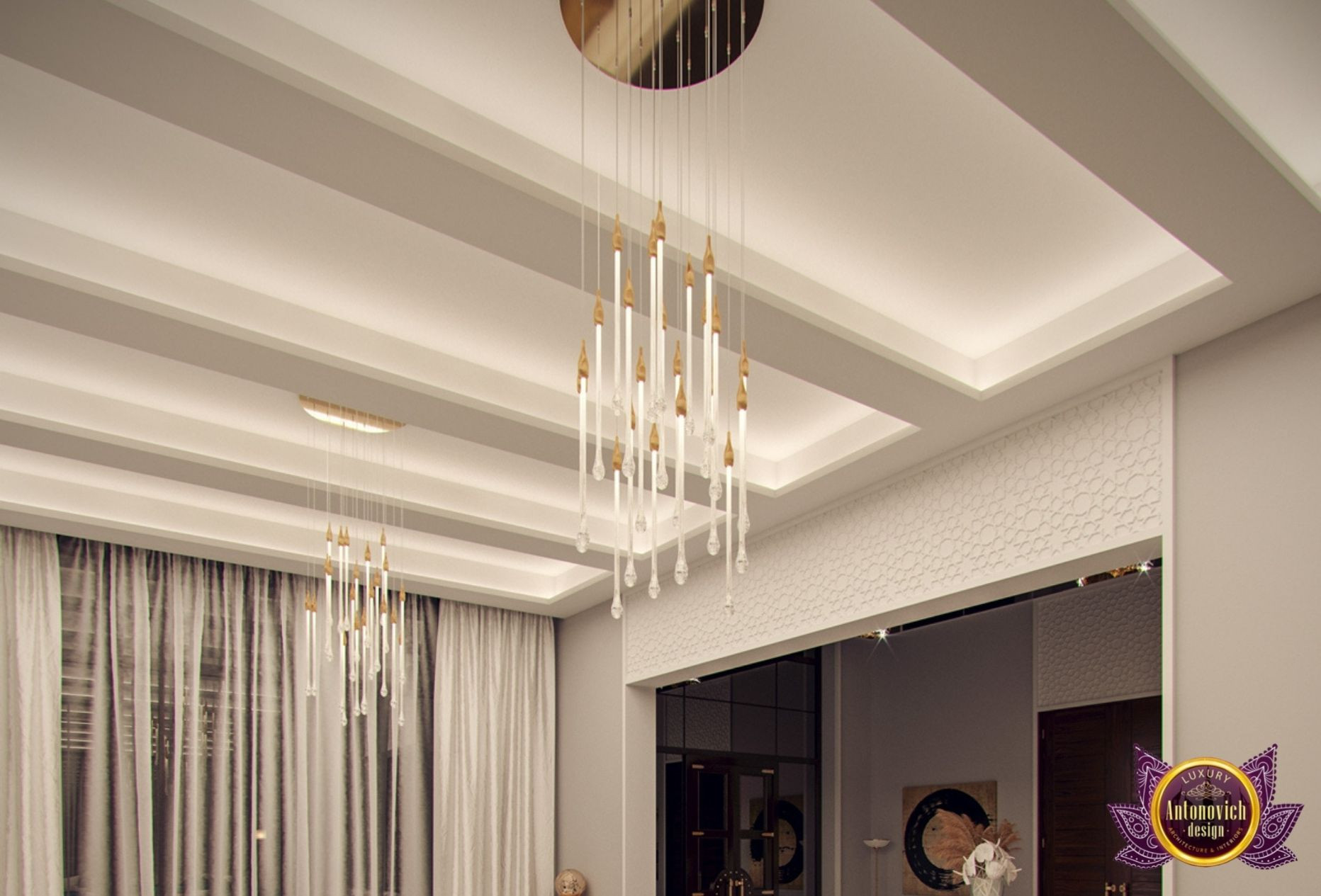 This picture shows a modern interior design. It features an extravagant ceiling, with detailed and intricate designs. The walls have a dark brown color with a textured finish, and the floor is covered in light oak hardwood. There is a large chandelier above the room and two small chandeliers on either side. The stone fireplace provides a focal point for the room and there is a set of comfortable armchairs situated around it. The room also has many plants and art pieces creating a warm, inviting atmosphere.