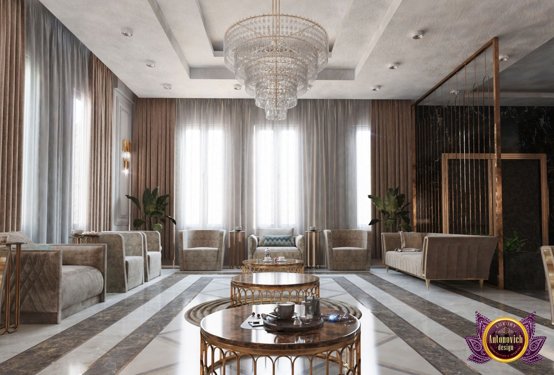 This picture shows an ornately decorated living room in a luxurious home. The walls are ivory-colored with gold accents and embellishments, along with intricate wallcoverings of floral designs. In the middle of the room is a beige sofa, which is surrounded by two round accent chairs with cream-colored cushions. To the left is a grand marble fireplace topped with a large mirror and flanked by two dark wood armchairs. The ceiling of the room is adorned with a striking crystal chandelier, and the floor is covered with a patterned rug. The overall design of the