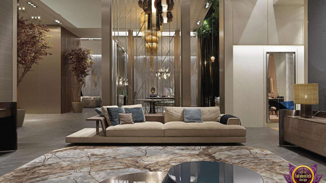 This image shows a luxurious living room with marble floor and ceiling, crystal chandeliers and exquisite furniture that create an atmosphere of beauty and grandeur.