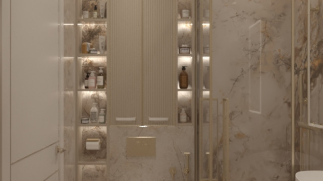 Luxurious interior with classic marble floor and walls decorated with unique golden accents that make the design look luxurious and refined.