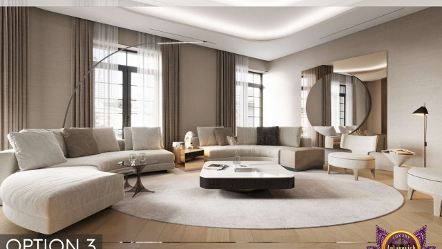 This picture shows a luxurious modern living room designed by Antonovich Design, which is a multi-award-winning architecture and interior design firm in the UAE. The room features white walls, a black marble floor and large windows that let in plenty of natural light. It is decorated with plush furniture in shades of cream and grey, adorned with bright blue accents that stand out against the neutral backdrop. There's also an interesting display on one wall featuring a variety of objects.