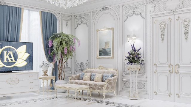 This picture shows an opulent, luxurious living room with a high ceiling and large crystal chandelier. The walls are tiled in a beige marble pattern and there are gold accents and details throughout the room. The floor is covered with a light-colored rug, while two sofas upholstered in white and gold fabric form a seating area. Various ornamental details such as mirrors, vases, and sculptures add to the lavish atmosphere.